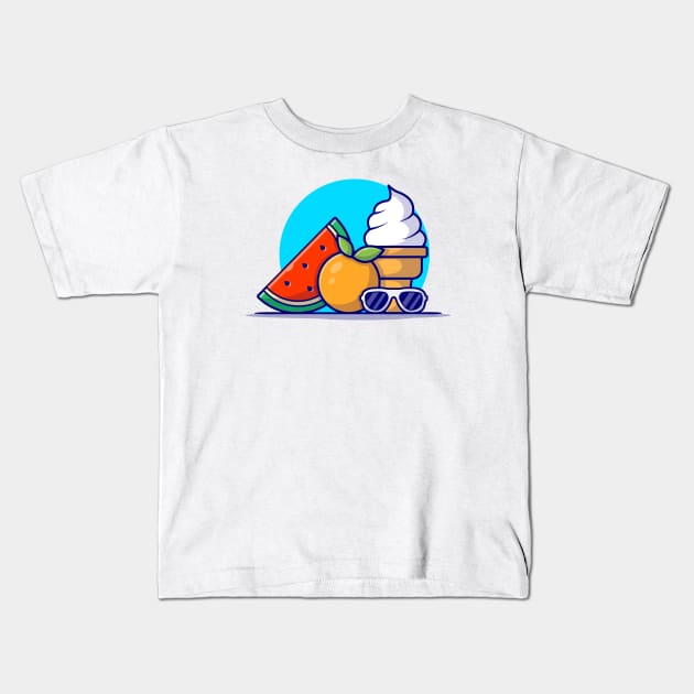 Watermelon, Orange, Ice Cream And Glasses Cartoon Vector Icon Illustration Kids T-Shirt by Catalyst Labs